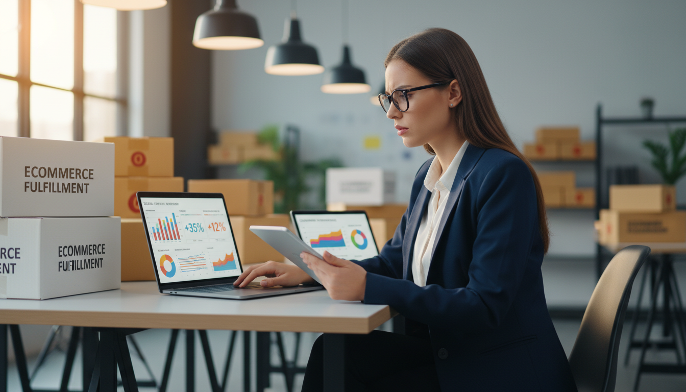 Продавец маркетплейса анализирует рекламную статистику на планшете и ноутбуке