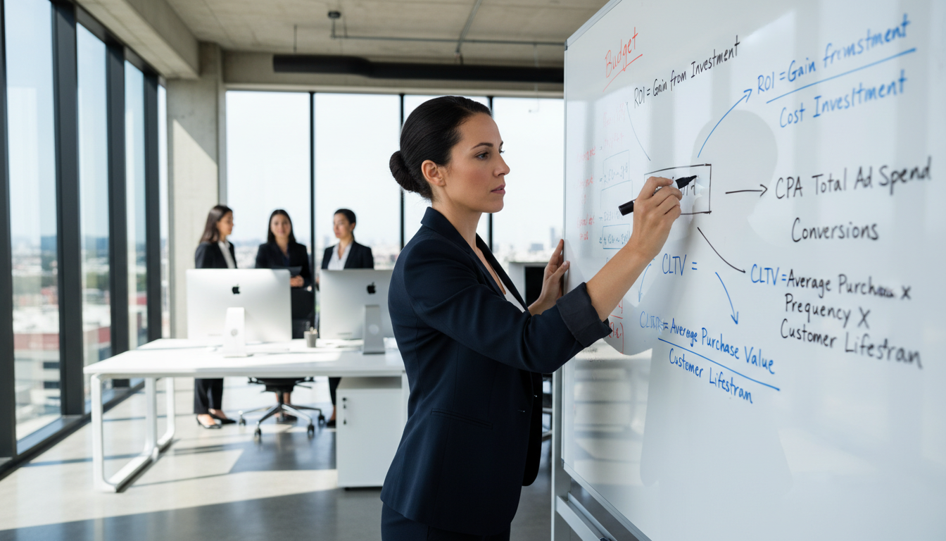 Формульный расчёт рекламного бюджета — маркетолог считает стоимость клика на бумаге с формулами