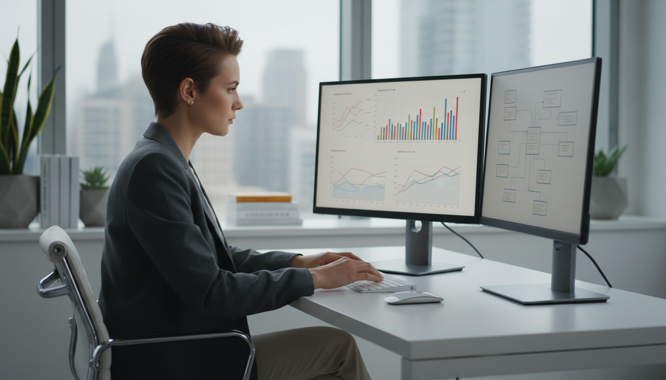 Профессиональный маркетолог анализирует структуру рекламных кампаний на двух мониторах