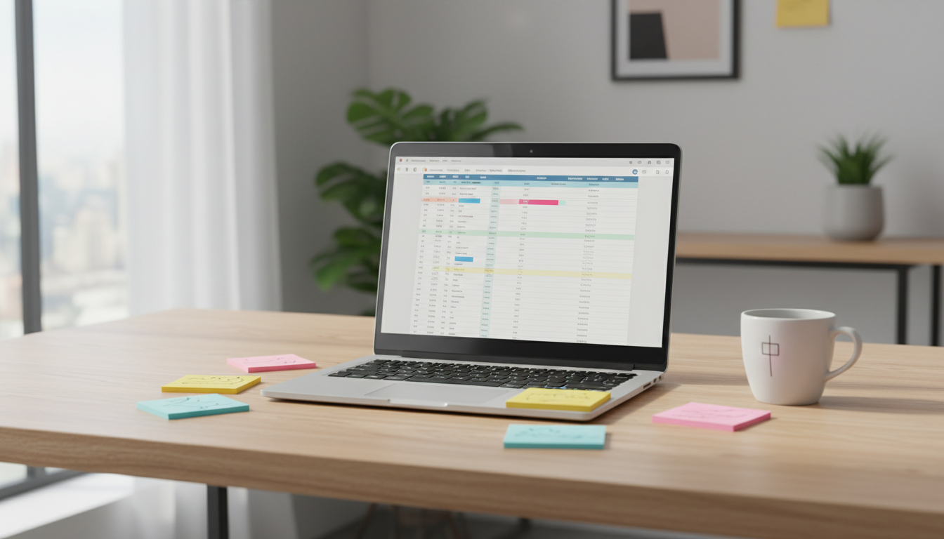Сбор семантического ядра для контекстной рекламы — ноутбук с таблицами ключевых слов и стикерами с заметками