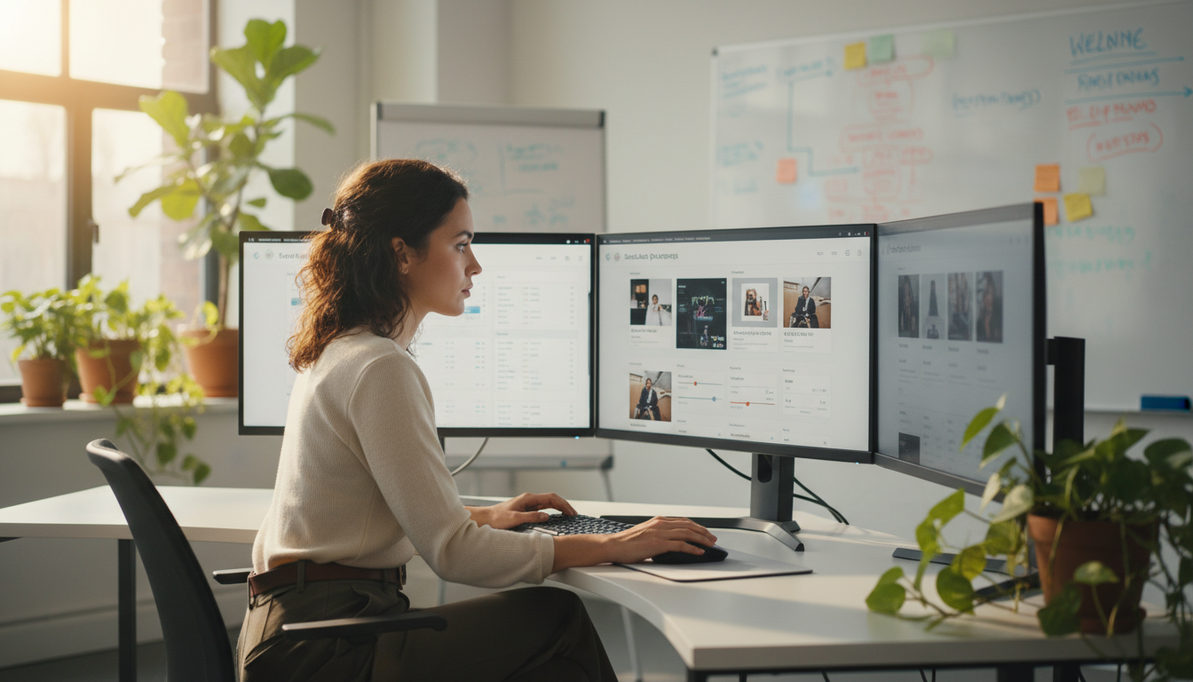 Таргетолог настраивает рекламную кампанию в ВКонтакте за компьютером в офисе