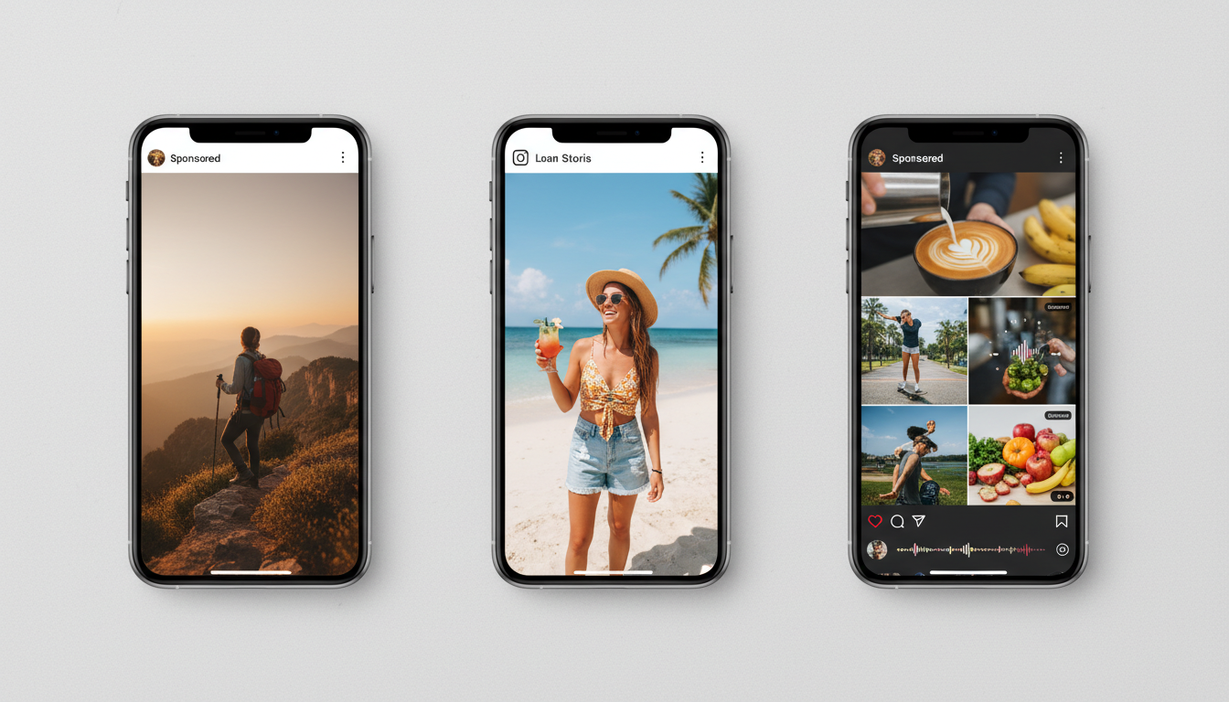 Несколько смартфонов с разными форматами рекламы Instagram: лента, сторис и Reels