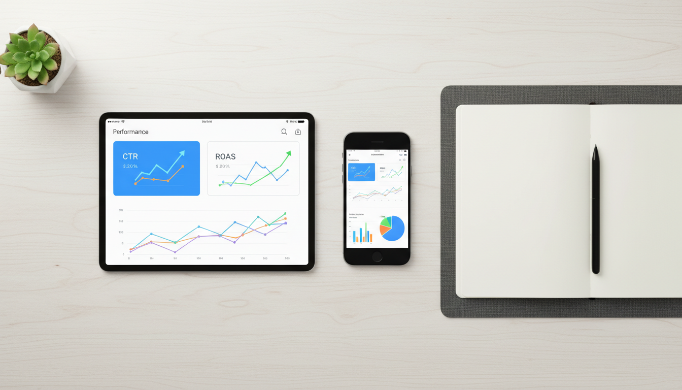 Графики и метрики рекламной кампании в Instagram на экране планшета и смартфона
