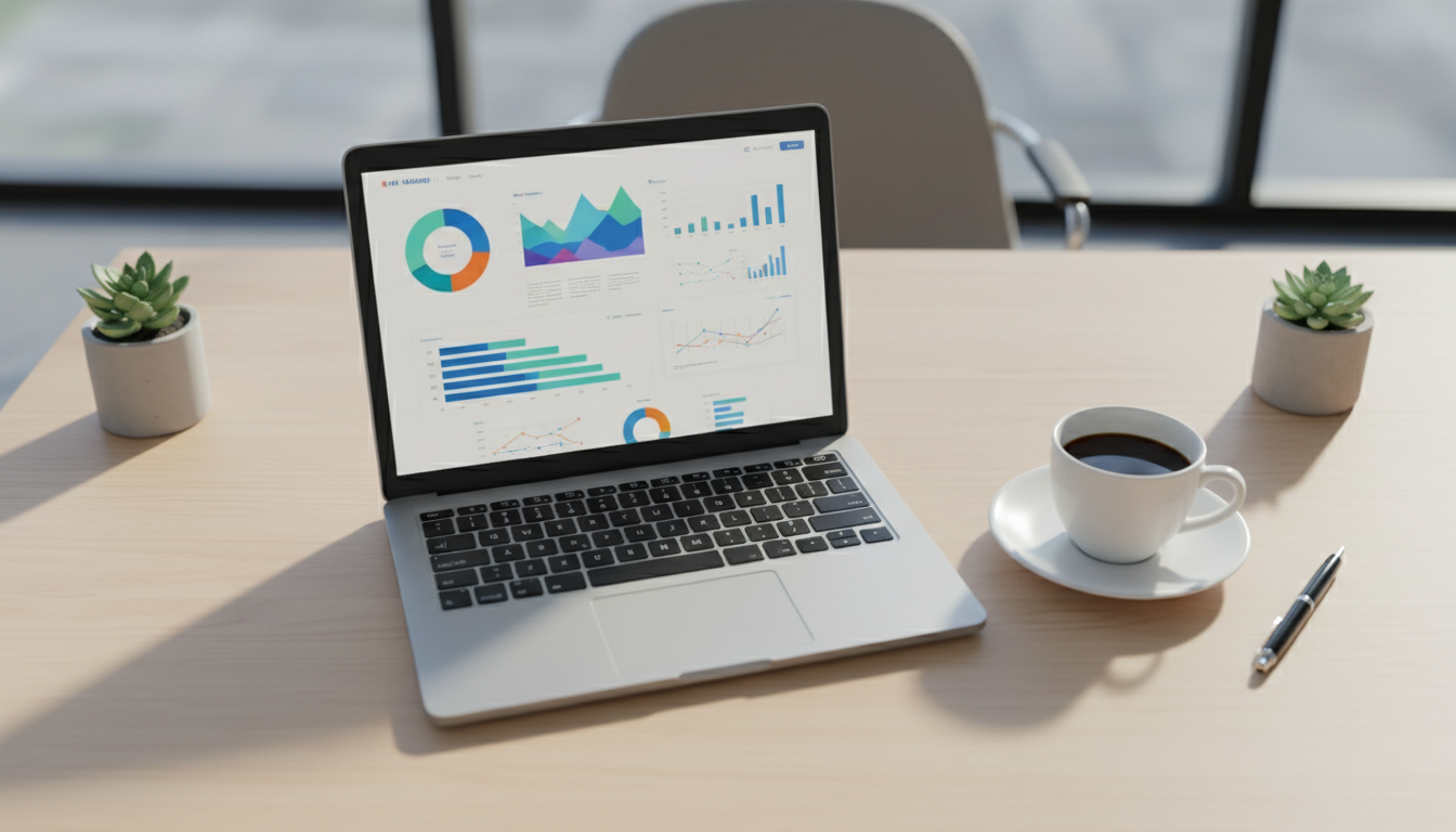 Ноутбук с открытым интерфейсом рекламного кабинета Meta Ads Manager и графиками аналитики