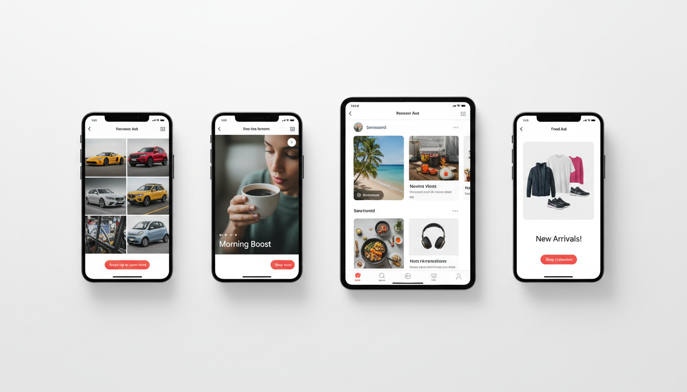 Различные форматы рекламных объявлений Facebook на мобильном и десктоп устройствах