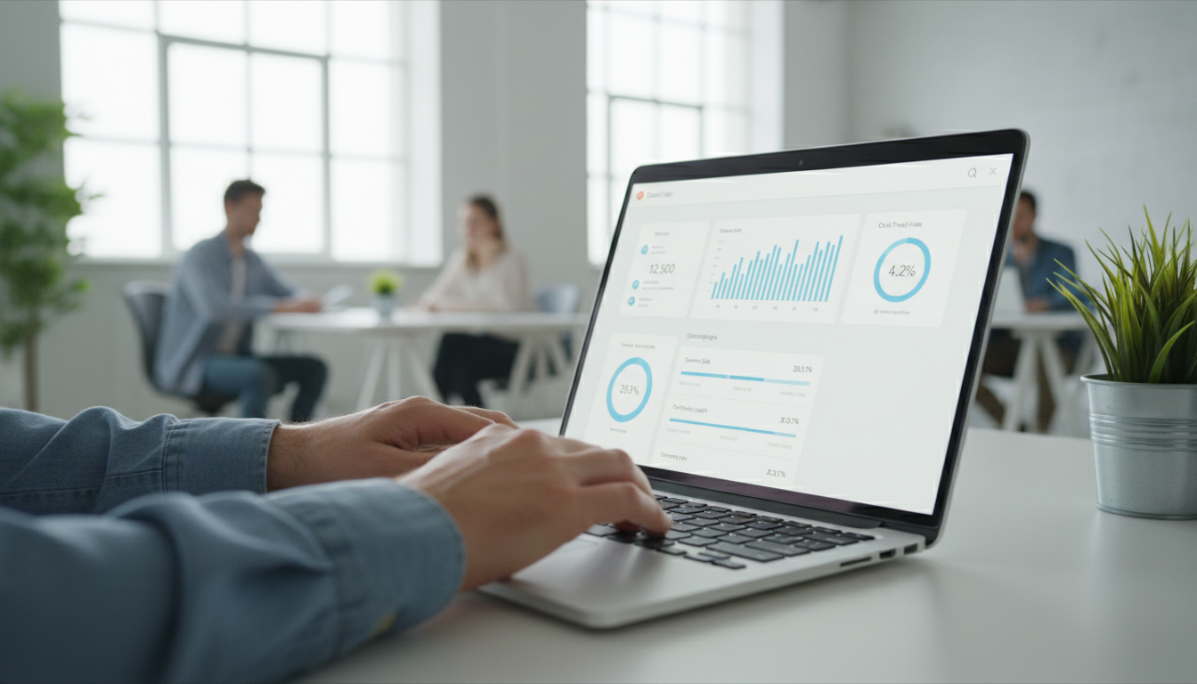 Сравнение сервисов email-рассылок на экране ноутбука в офисе