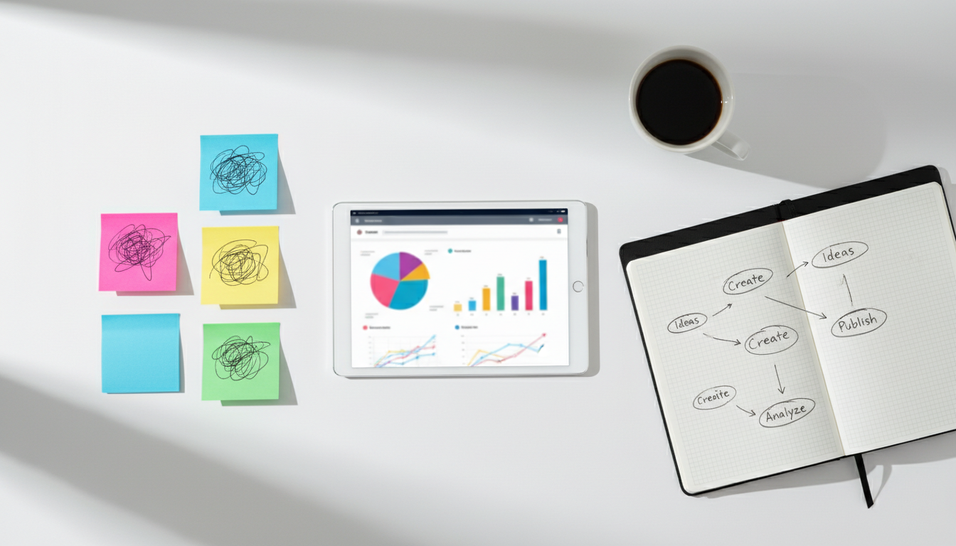 Набор инструментов SMM-специалиста: планшет, графики аналитики, карточки с идеями