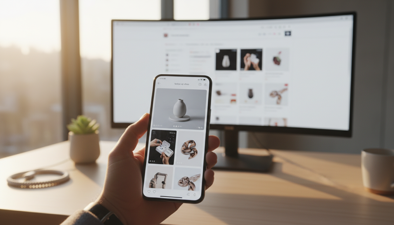 Смартфон с короткими видео и карточками товаров маркетплейса