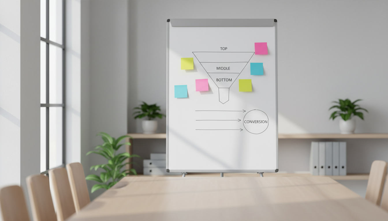 Стратегия продвижения в социальных сетях — схема маркетинговой воронки на доске