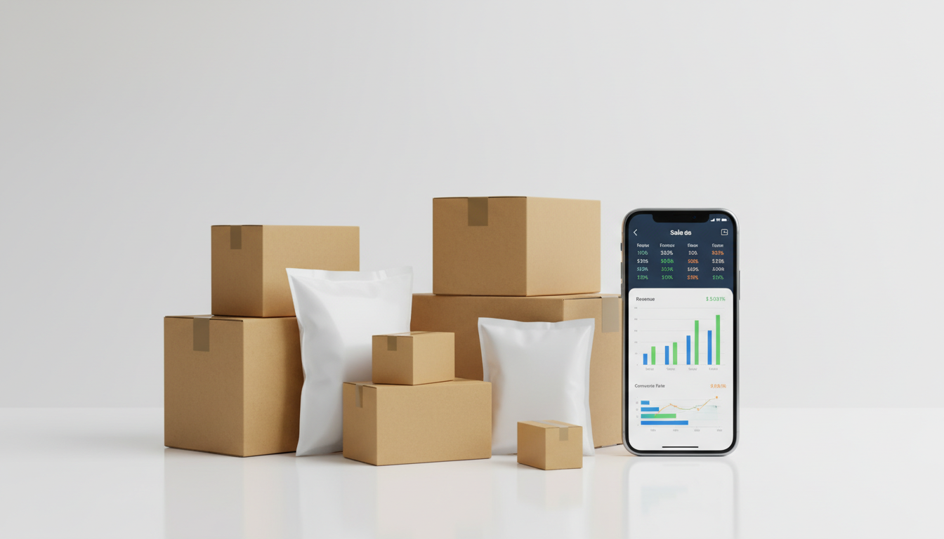 Внешний трафик из соцсетей на маркетплейсы Wildberries и Ozon — упаковки товаров и смартфон с аналитикой