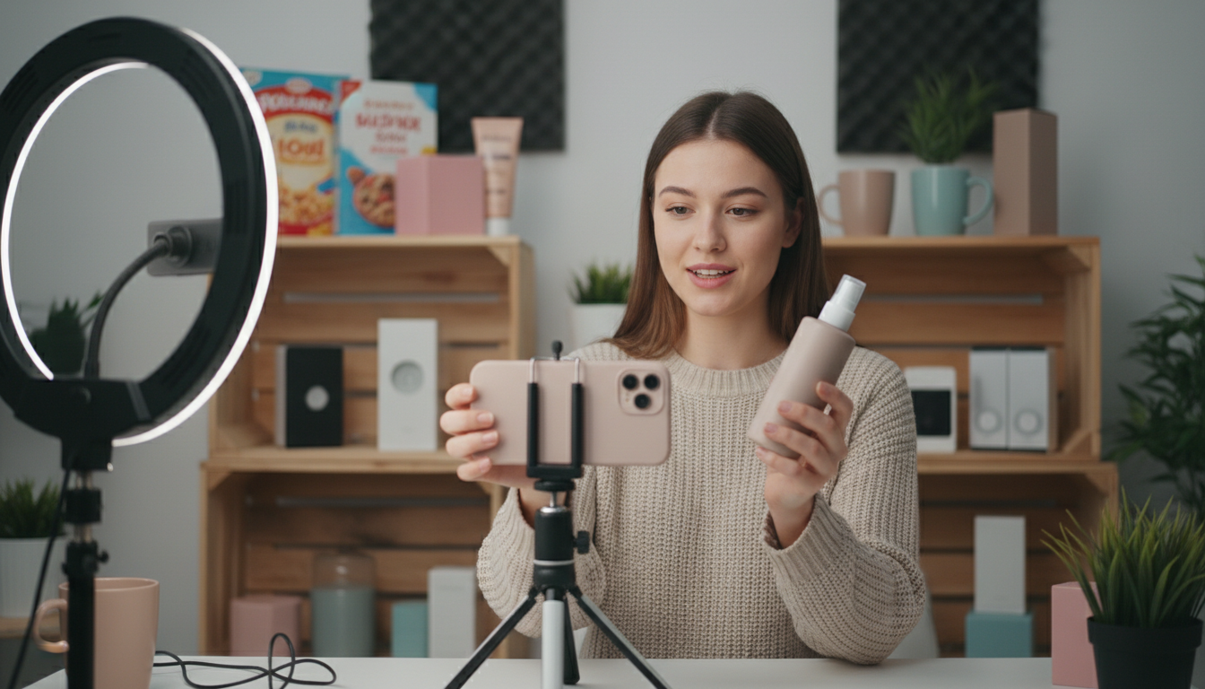 Инфлюенсер-маркетинг и UGC — человек снимает видеообзор товара на смартфон