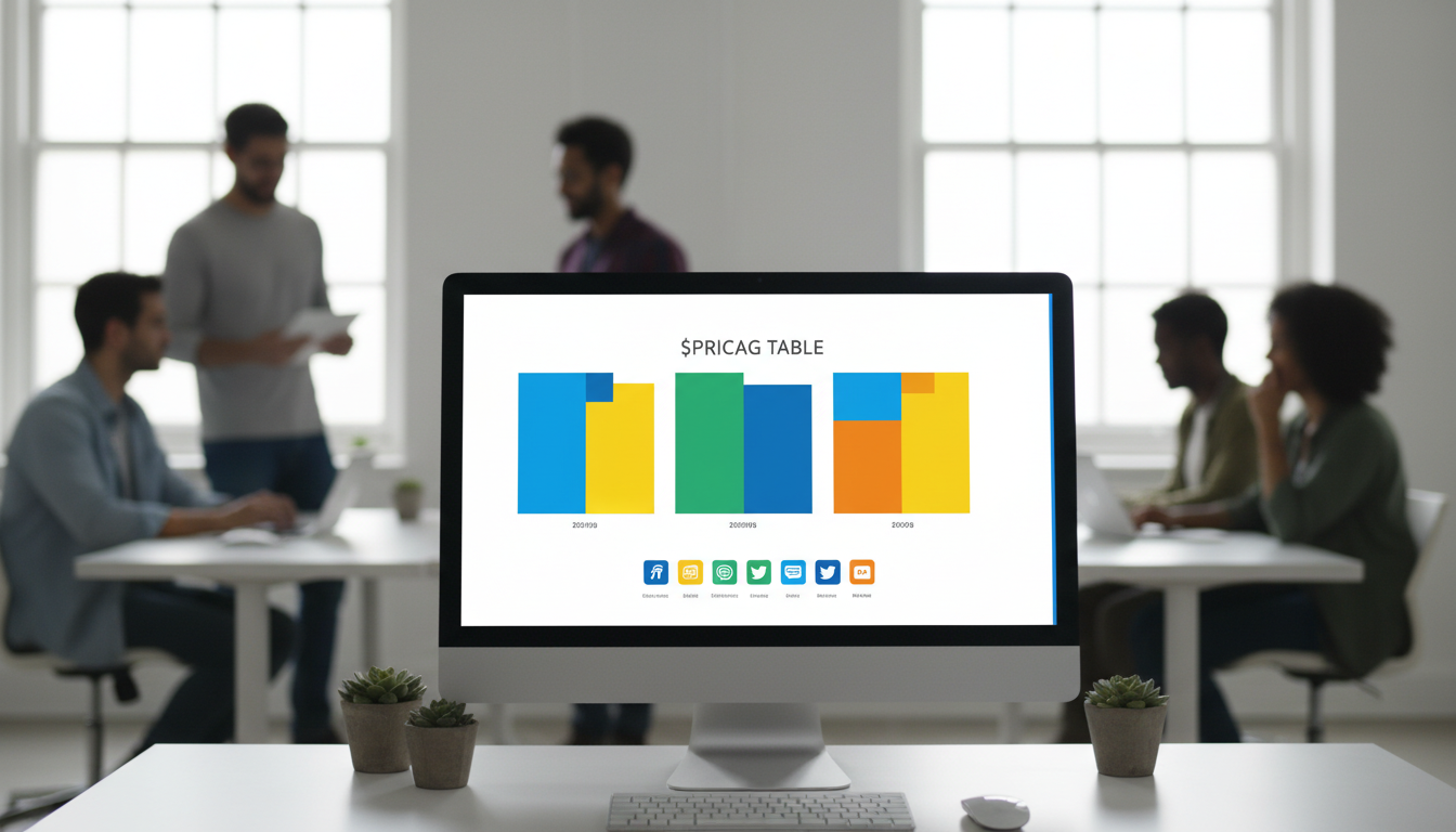 Таблица тарифов SMM-услуг на экране монитора в офисе агентства