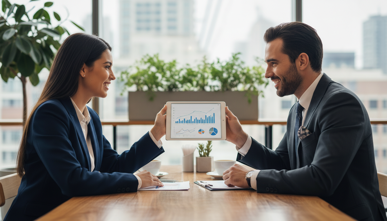 Деловая встреча клиента и SMM-специалиста за обсуждением стратегии продвижения