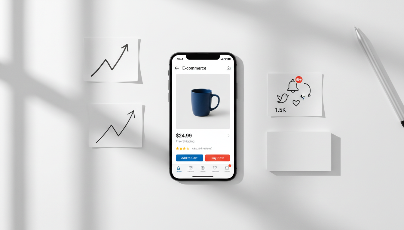 Смартфон с карточкой товара на Wildberries рядом с графиками роста продаж и иконками соцсетей