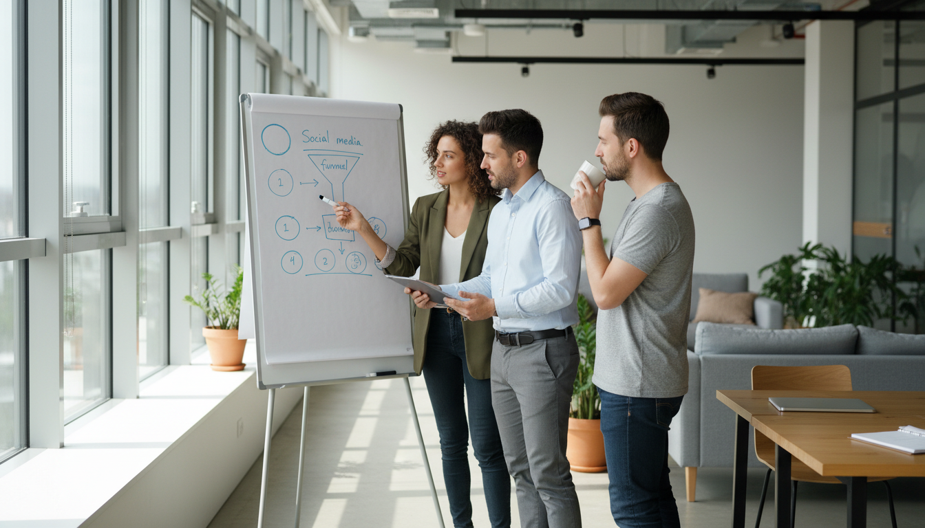 Команда SMM-агентства обсуждает стратегию продвижения в социальных сетях