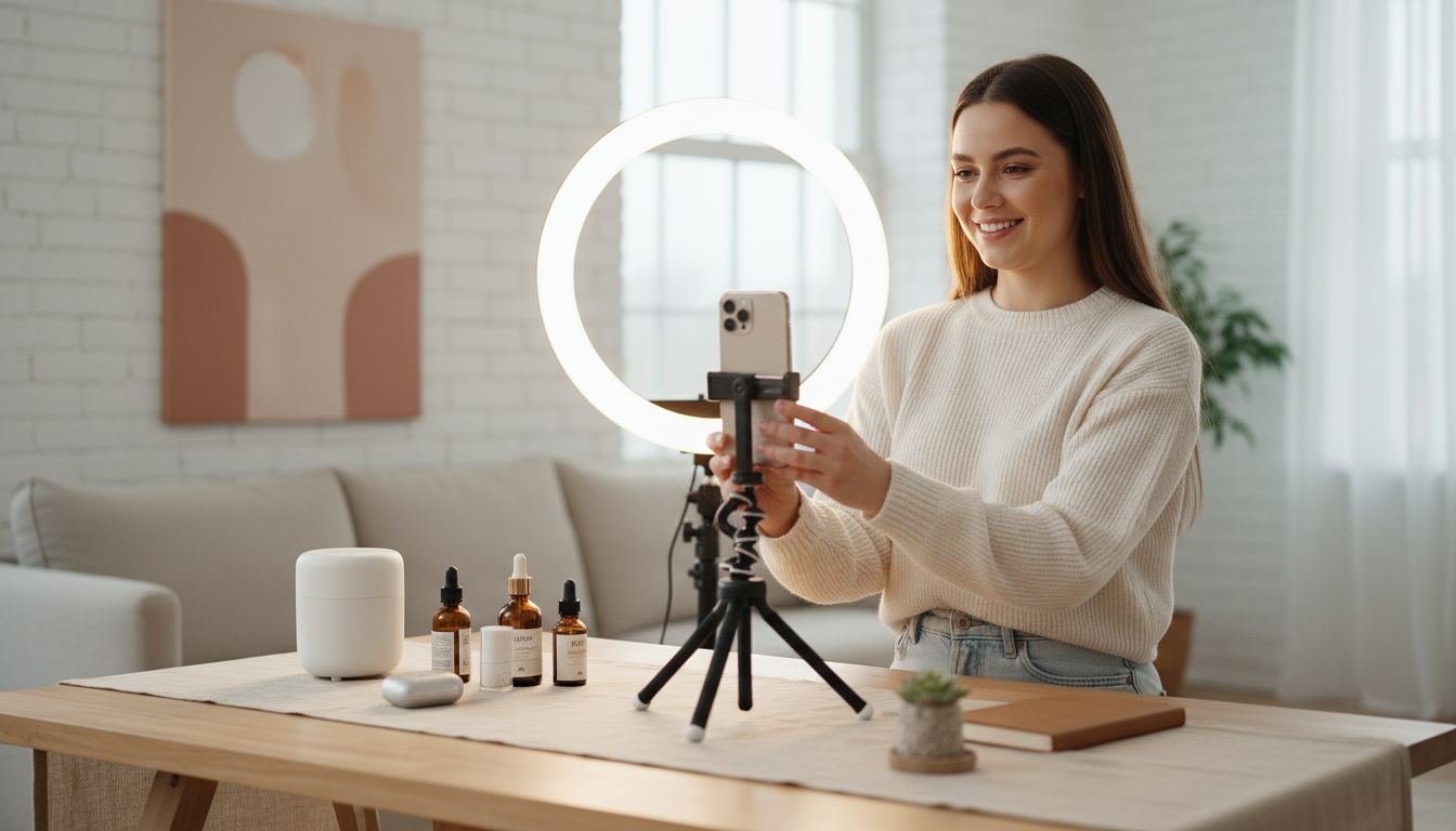 Блогер снимает обзор товара для рекламы в социальных сетях на смартфон