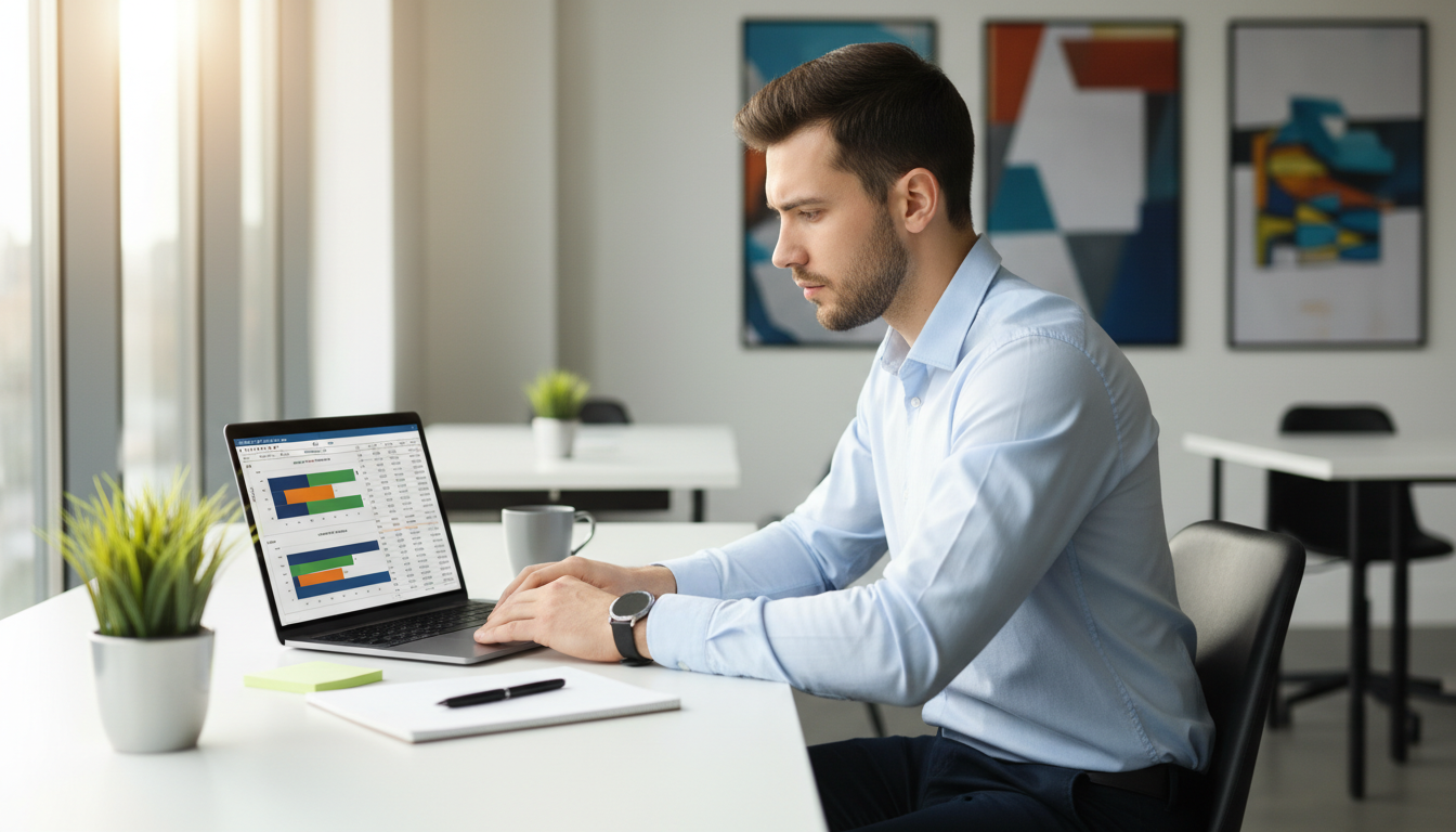 Маркетолог анализирует рекламные метрики и планирует бюджет кампании на ноутбуке