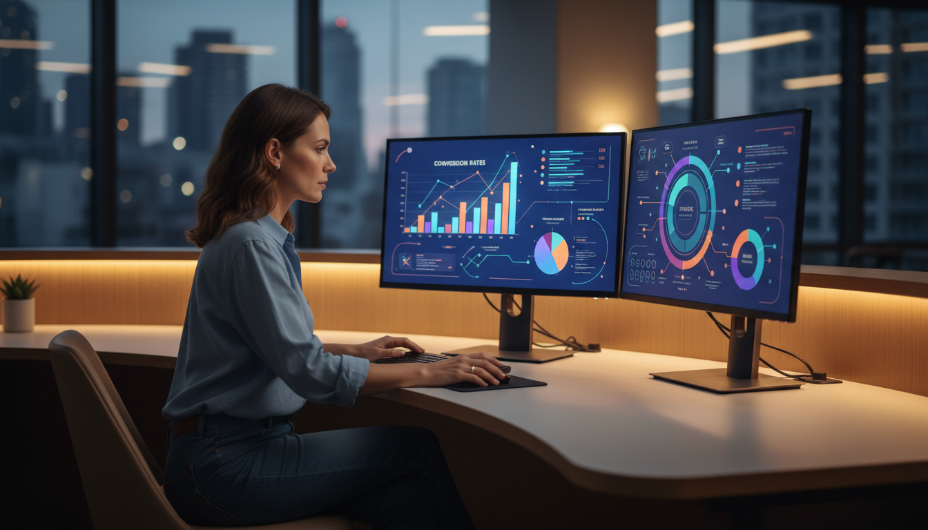 Факторы влияния на стоимость рекламы в соцсетях — аналитик изучает метрики кампании на двух мониторах