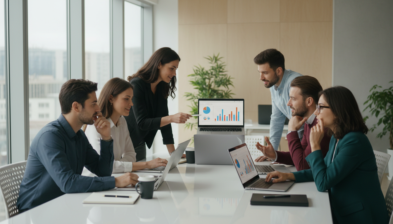 Команда агентства интернет-маркетинга обсуждает стратегию для клиента