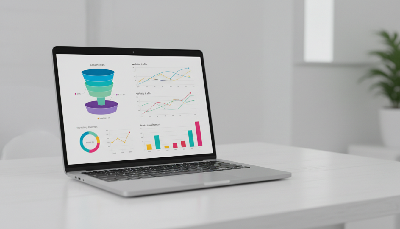 Экран ноутбука с открытой панелью аналитики — графики трафика, конверсии и рекламных кампаний для продвижения бизнеса