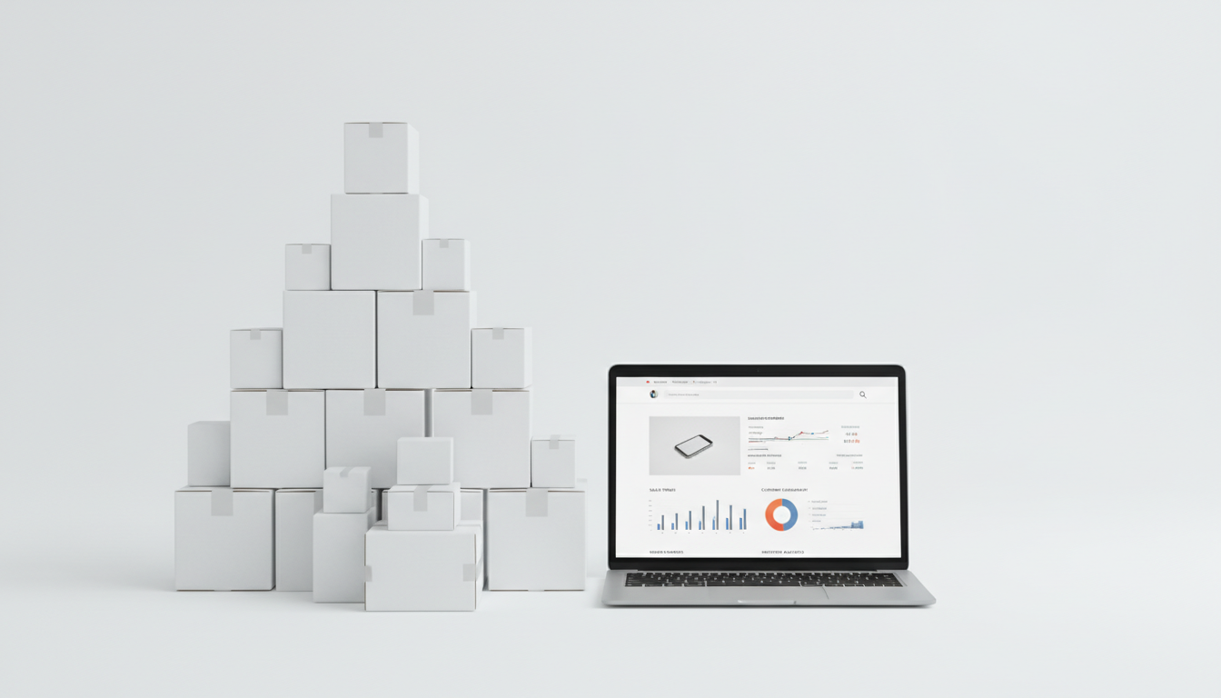 Упакованные товары для маркетплейсов рядом с ноутбуком, на экране которого открыта карточка товара с аналитикой