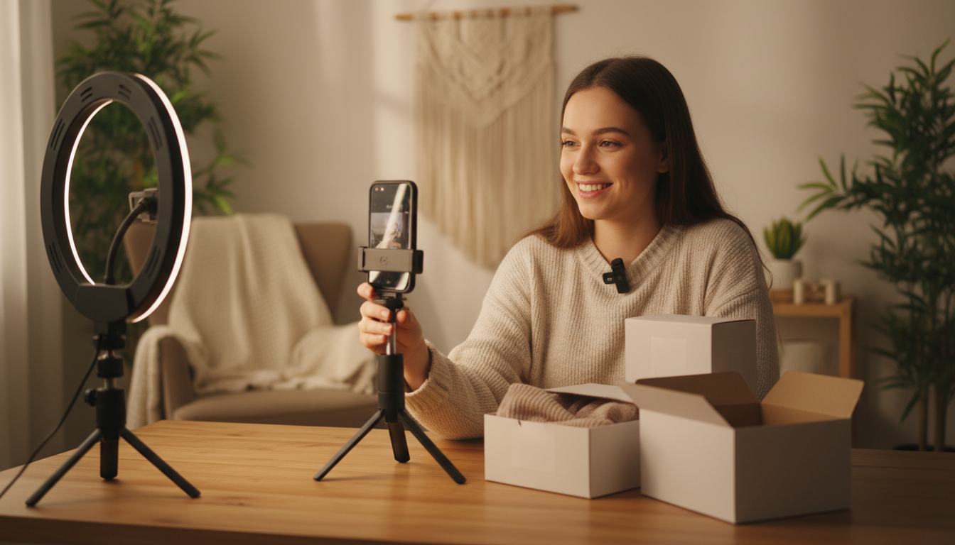 Контент-создатель снимает распаковку товара для видеообзора на маркетплейс