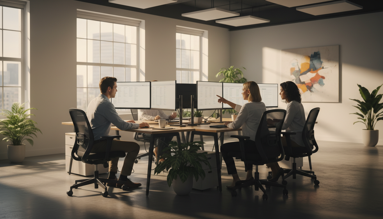 Команда менеджеров по продажам работает с CRM-системой на мониторах в офисе