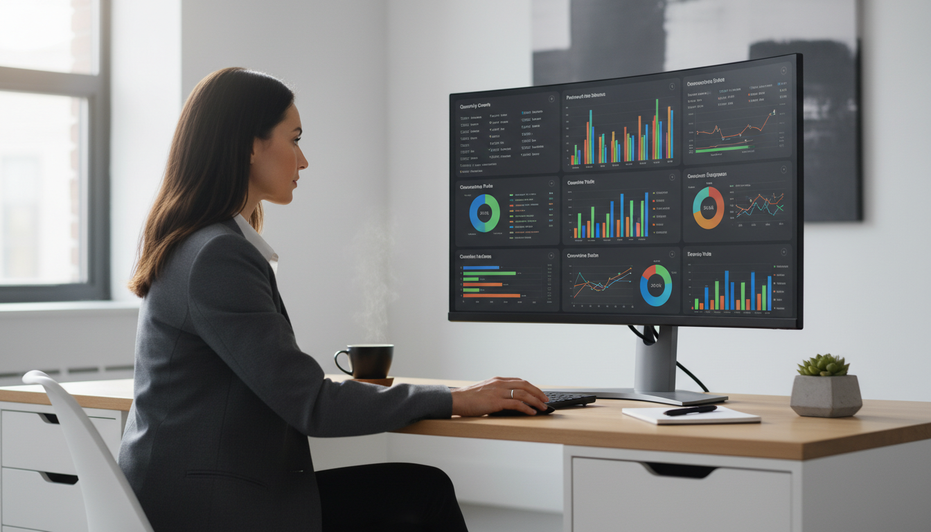 Аналитик изучает метрики и KPI на экране компьютера в офисе digital-агентства