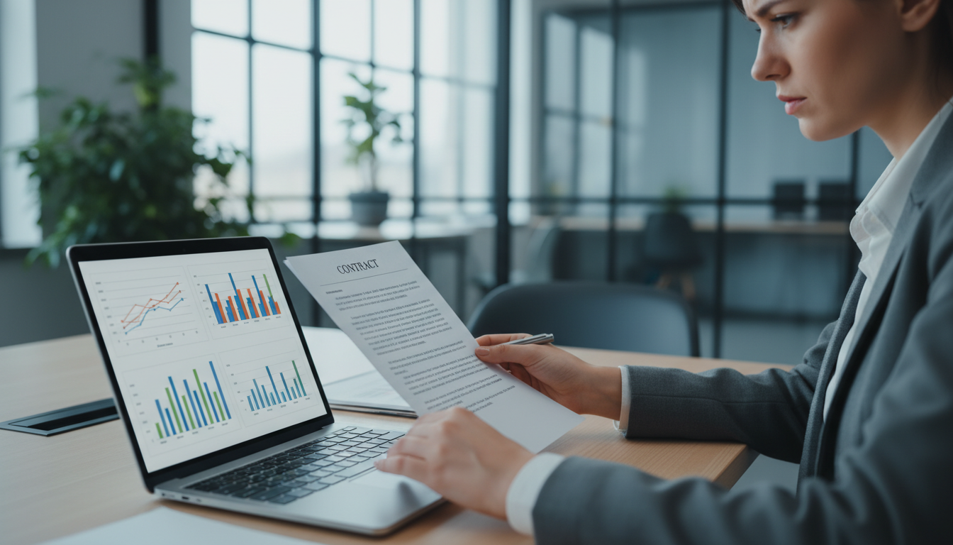 Бизнесмен изучает договор с агентством и сравнивает предложения на ноутбуке