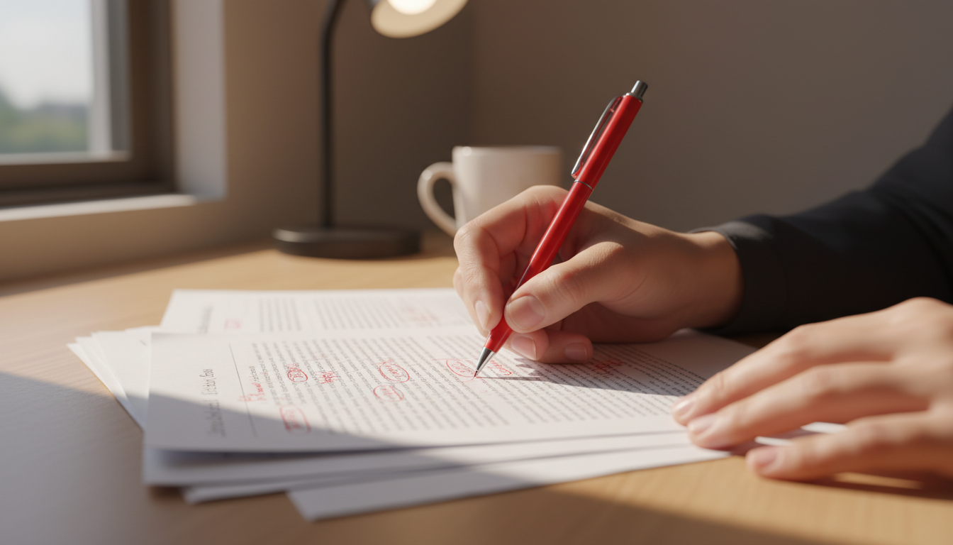 Человек просматривает ошибки в тексте, красные пометки на листе бумаги