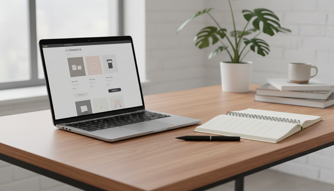 Интерфейс карточки товара на маркетплейсе на экране ноутбука рядом с блокнотом