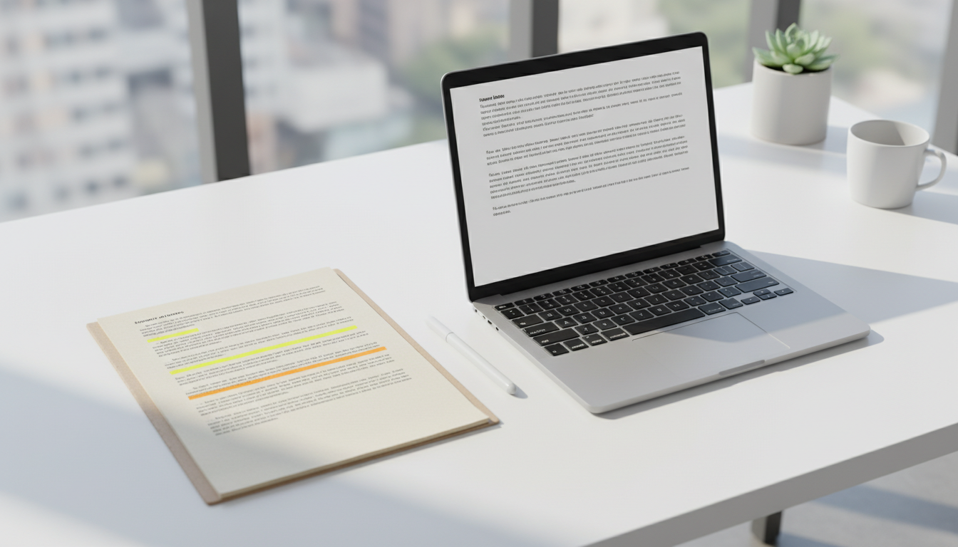 Два документа — оригинальный и переработанный текст — символизируют разницу между поверхностным и глубоким рерайтингом