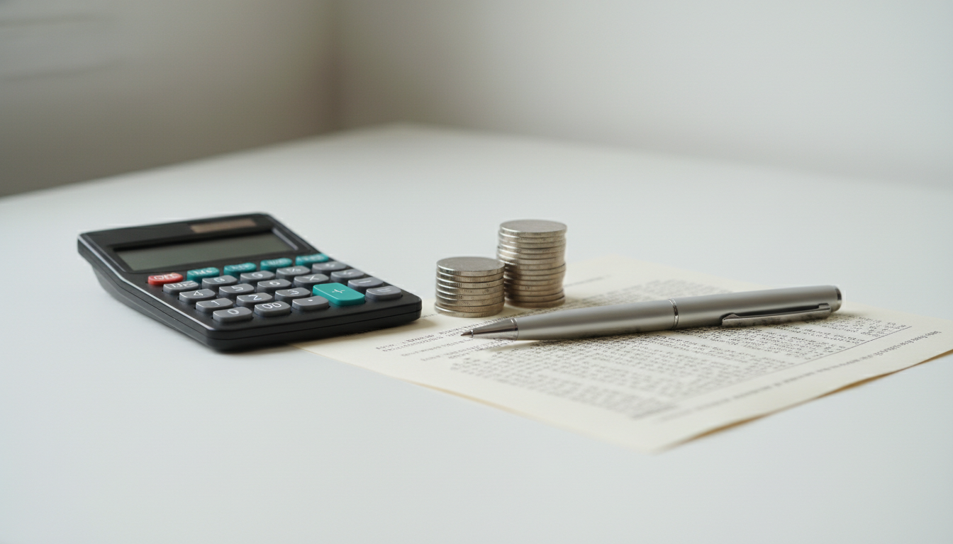 Калькулятор, монеты и текстовый документ на столе — расчёт стоимости копирайтинга и рерайтинга