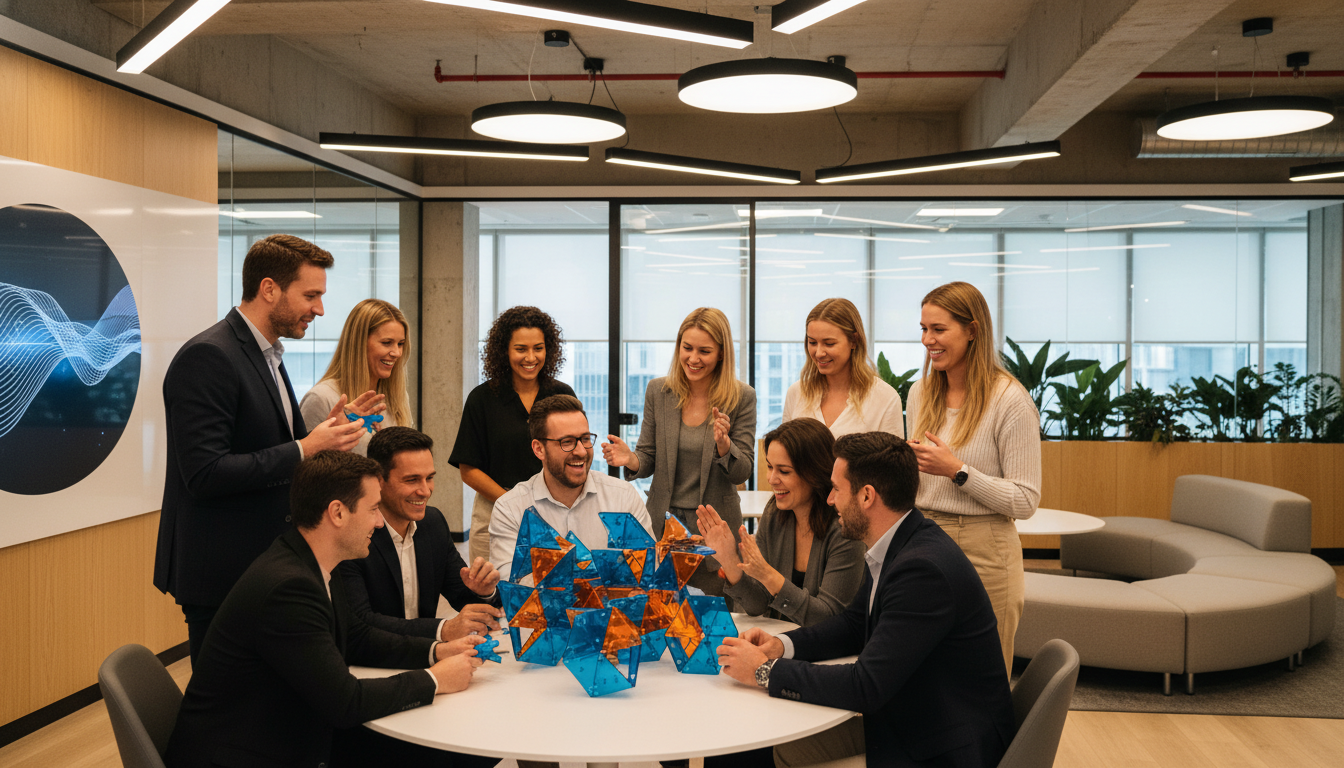 Сотрудники компании на корпоративном тимбилдинге, символизирующем сильный внутренний имидж