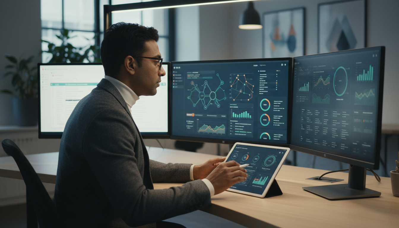 Маркетолог анализирует данные мониторинга репутации бренда на ноутбуке и планшете