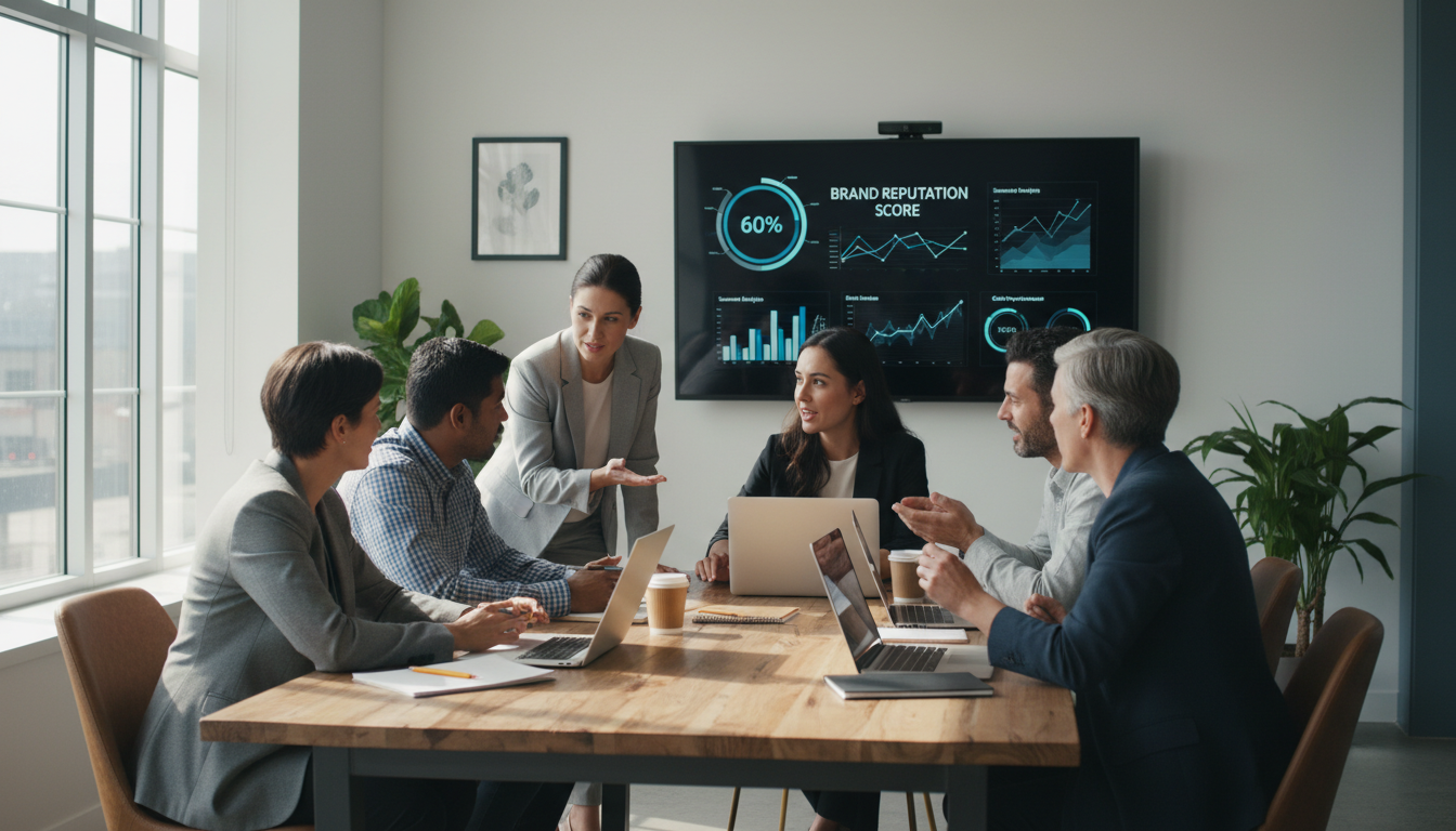 Команда маркетологов обсуждает стратегию управления имиджем и репутацией бренда