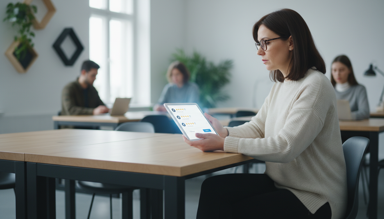 Специалист отвечает на отзывы клиентов на планшете — управление репутацией компании