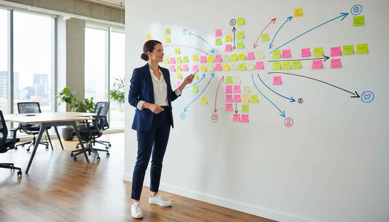 Маркетолог планирует вирусную рекламную кампанию на доске с этапами