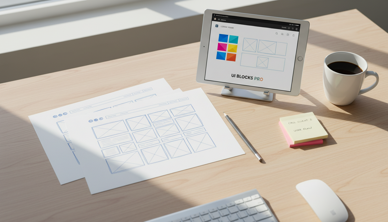 Прототип структуры главной страницы сайта с блоками на бумаге и планшете