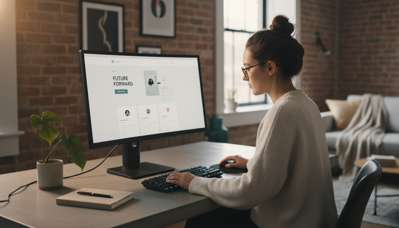 Современный минималистичный дизайн главной страницы сайта на мониторе дизайнера