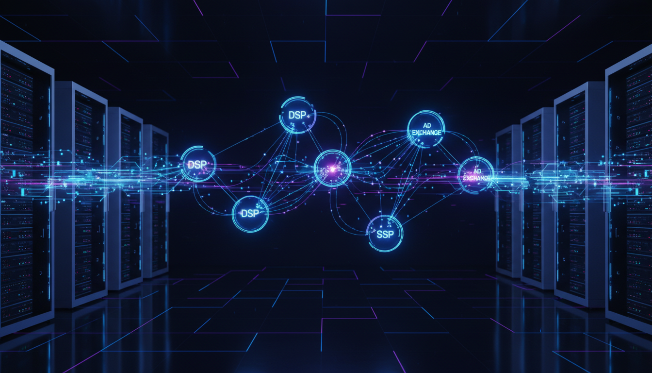 Схема работы RTB-аукциона в programmatic — цифровая инфраструктура DSP, SSP и Ad Exchange