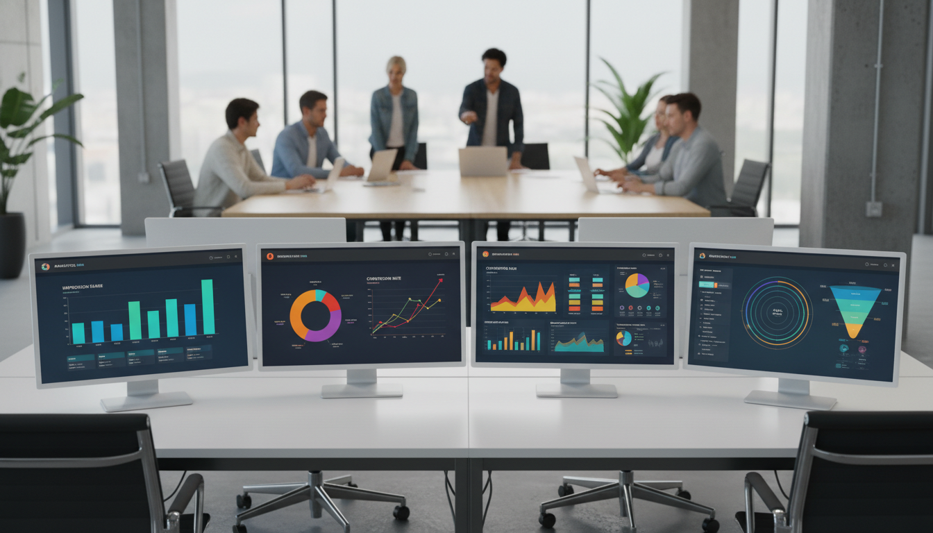 Сравнение рекламных площадок — несколько мониторов с интерфейсами рекламных кабинетов