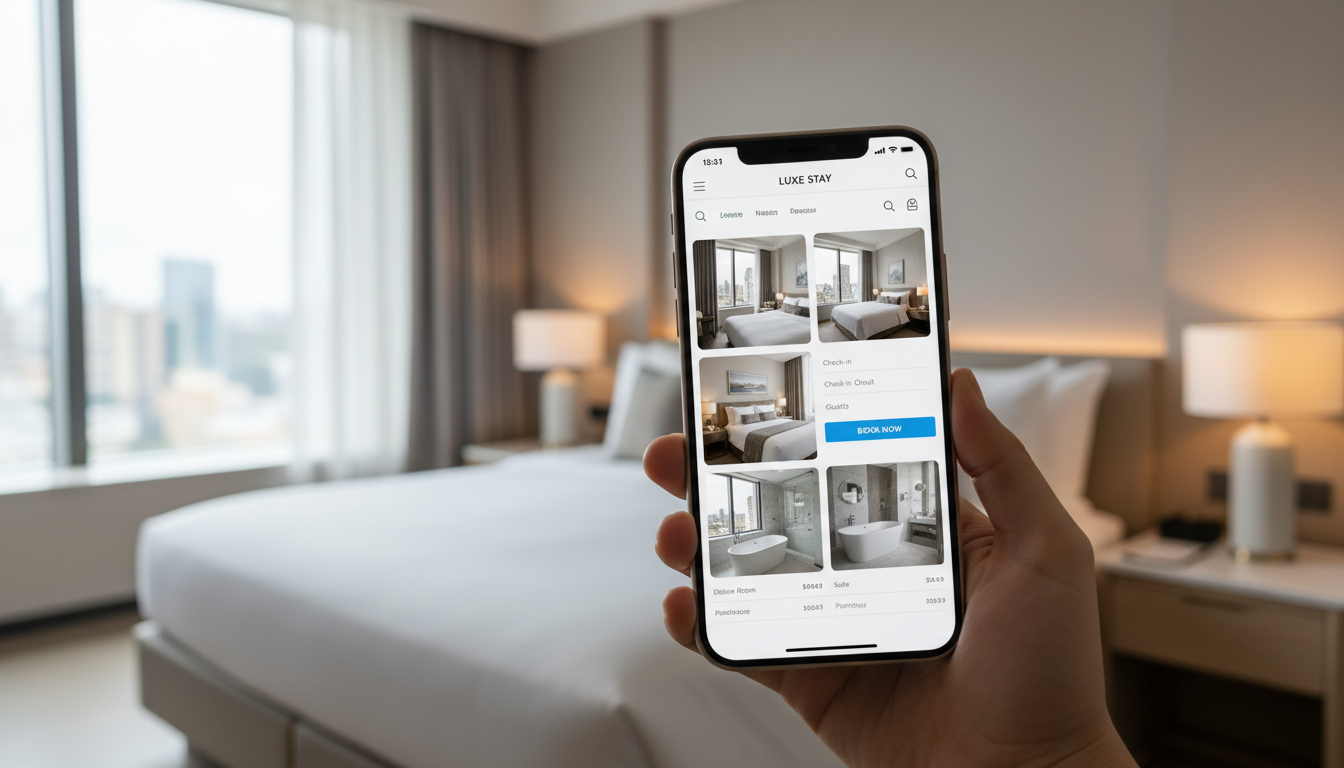 Экран смартфона с открытым сайтом отеля и формой бронирования номера онлайн