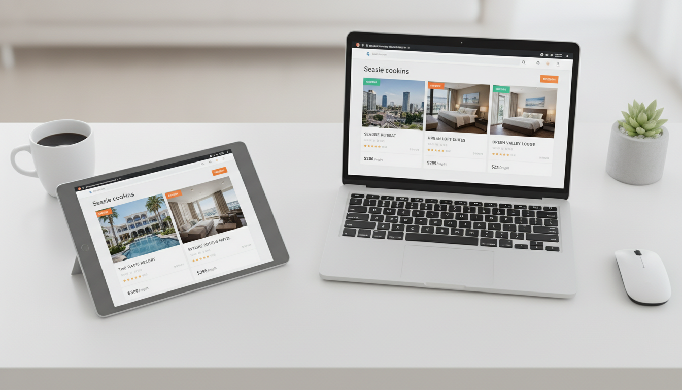 Экраны с карточками отелей на платформах онлайн-бронирования — агрегаторы для гостиниц