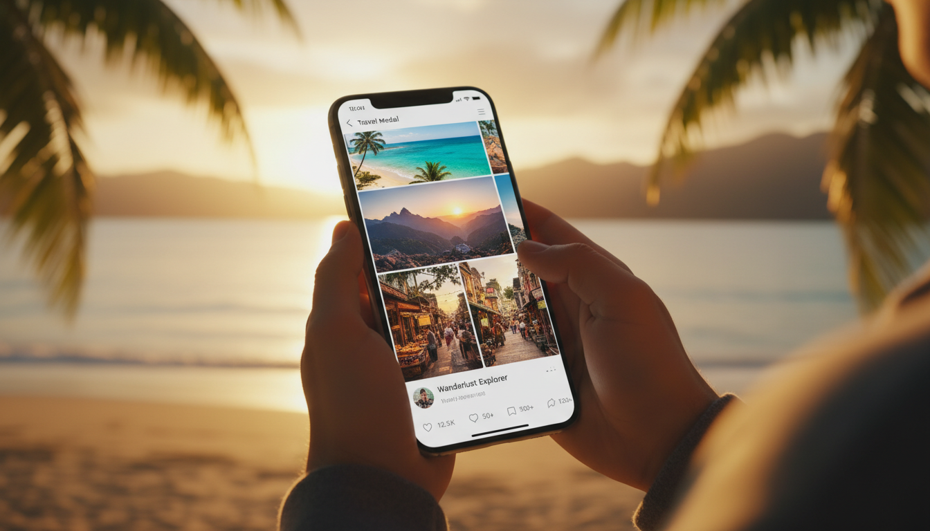 SMM продвижение туристических услуг — смартфон с фото путешествий в социальных сетях