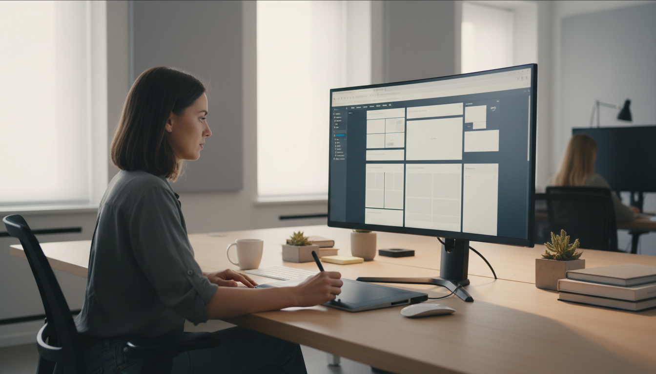 Дизайнер работает над прототипом сайта в Figma на большом мониторе