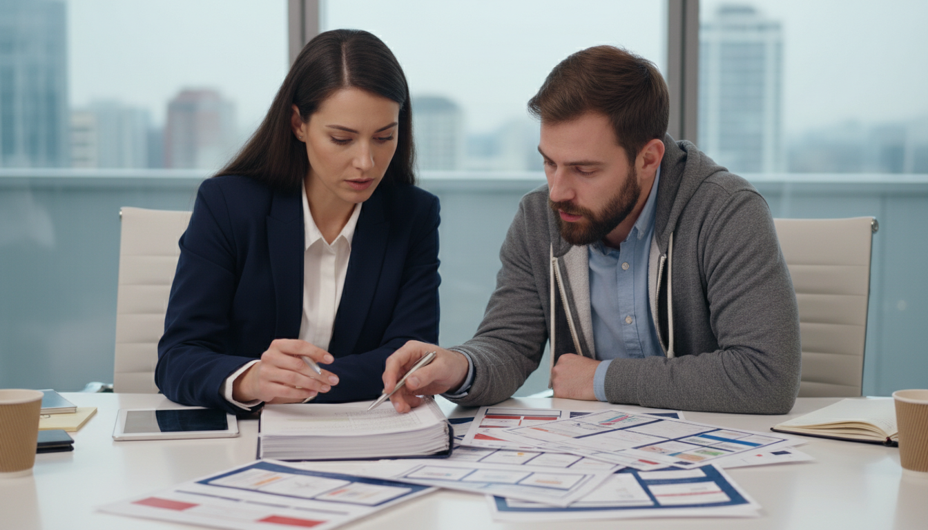 Менеджер и разработчик обсуждают техническое задание на разработку сайта