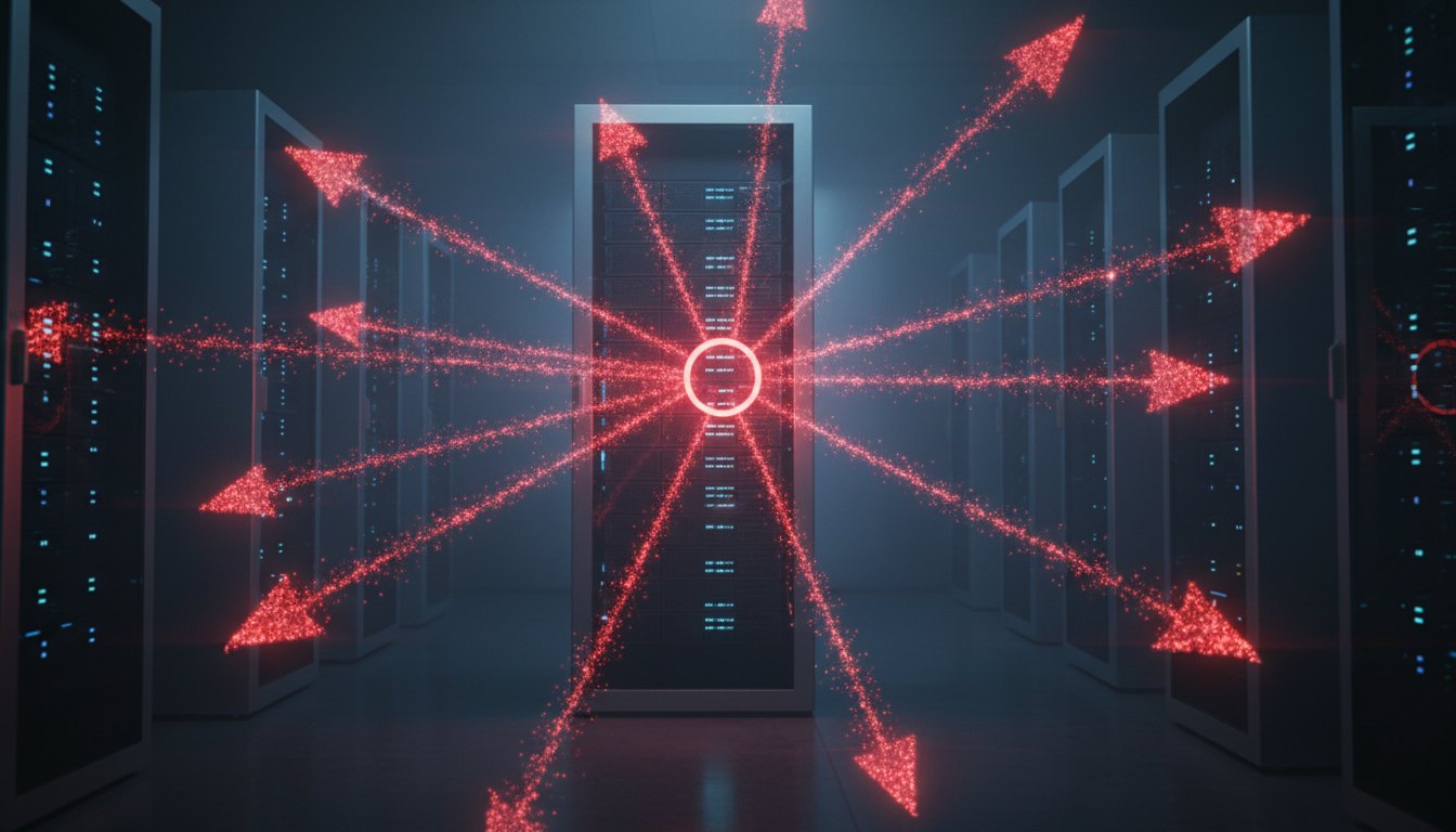 Визуализация DDoS-атаки — множество запросов атакуют сервер, перегружая его