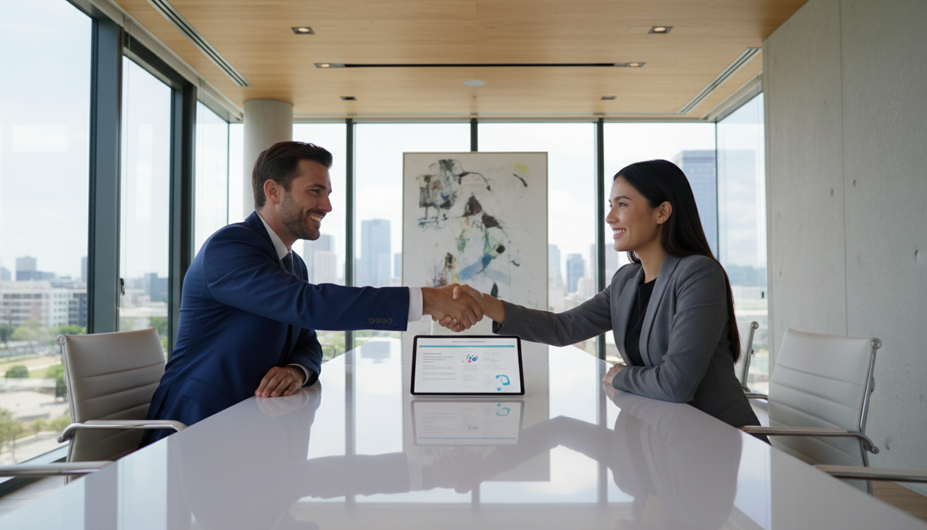 Встреча руководителя компании с консультантом по обслуживанию 1С за переговорным столом