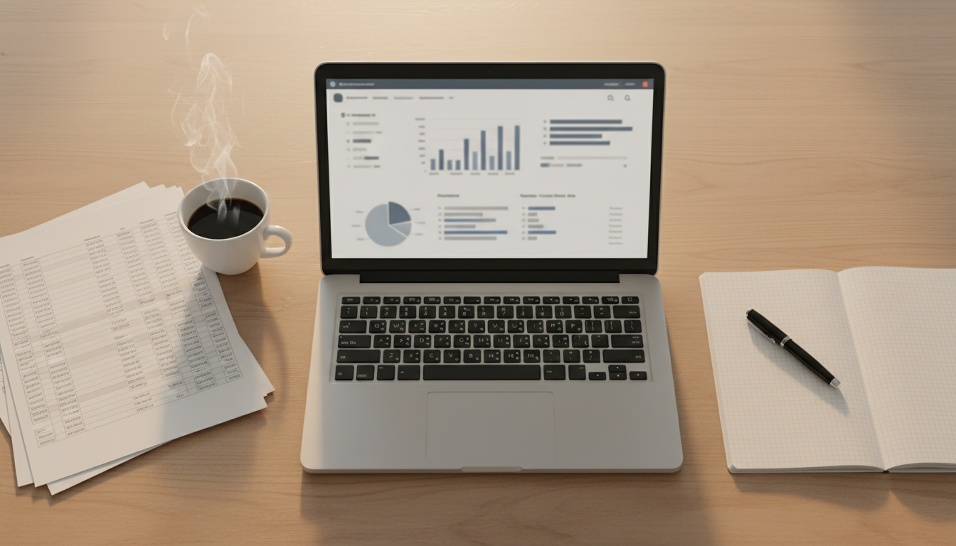 Документы налоговой отчётности и ноутбук с программой учёта на рабочем столе бухгалтера